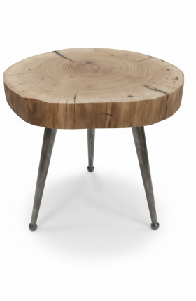 Beistelltisch aus Walnuss – Baumscheibe Ø 45 cm, 3 Metallbeine