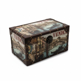 Venedig Aufbewahrungstruhe – Holz, Lederkanten & Metallgriff (35 × 21 × 20 cm)